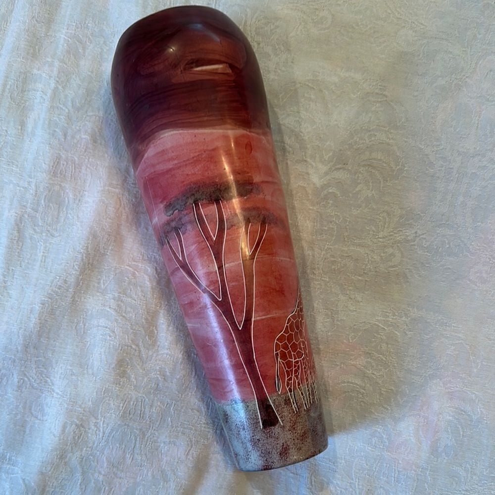 Vase Hand Carved in Kenya Elegant Pink and Brown Art